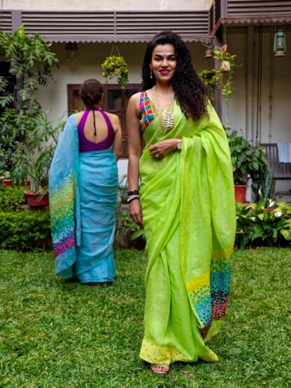 Calyz Green Linen Saree with Collage Technique - Image 8